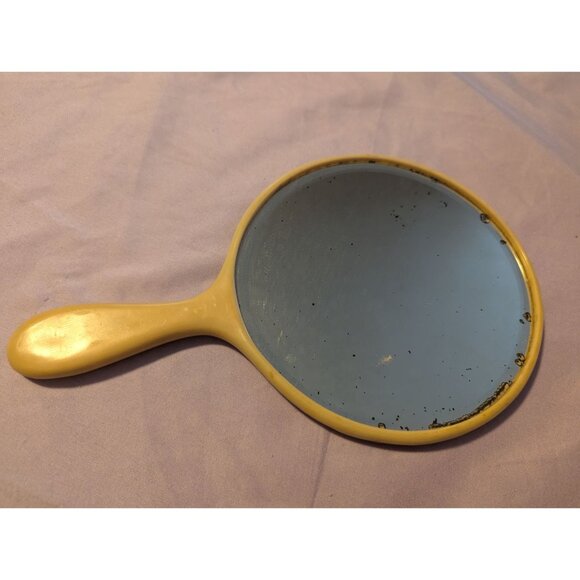 Vintage Yellow Celluloid Handheld Vanity Mirror With Round Design - Picture 2 of 2